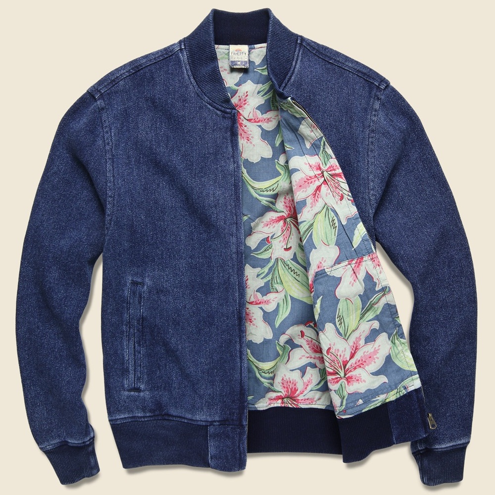 New Men’s Faherty Reversible Indigo Bomber - Indigo/Hibiscus Large